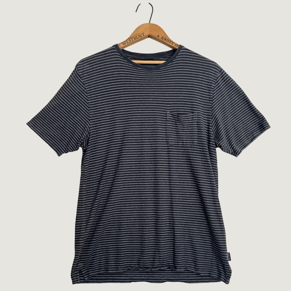 Patagonia Mens Trail Harbor Pocket Tee Hemp Organic Cotton Striped Blue Size S